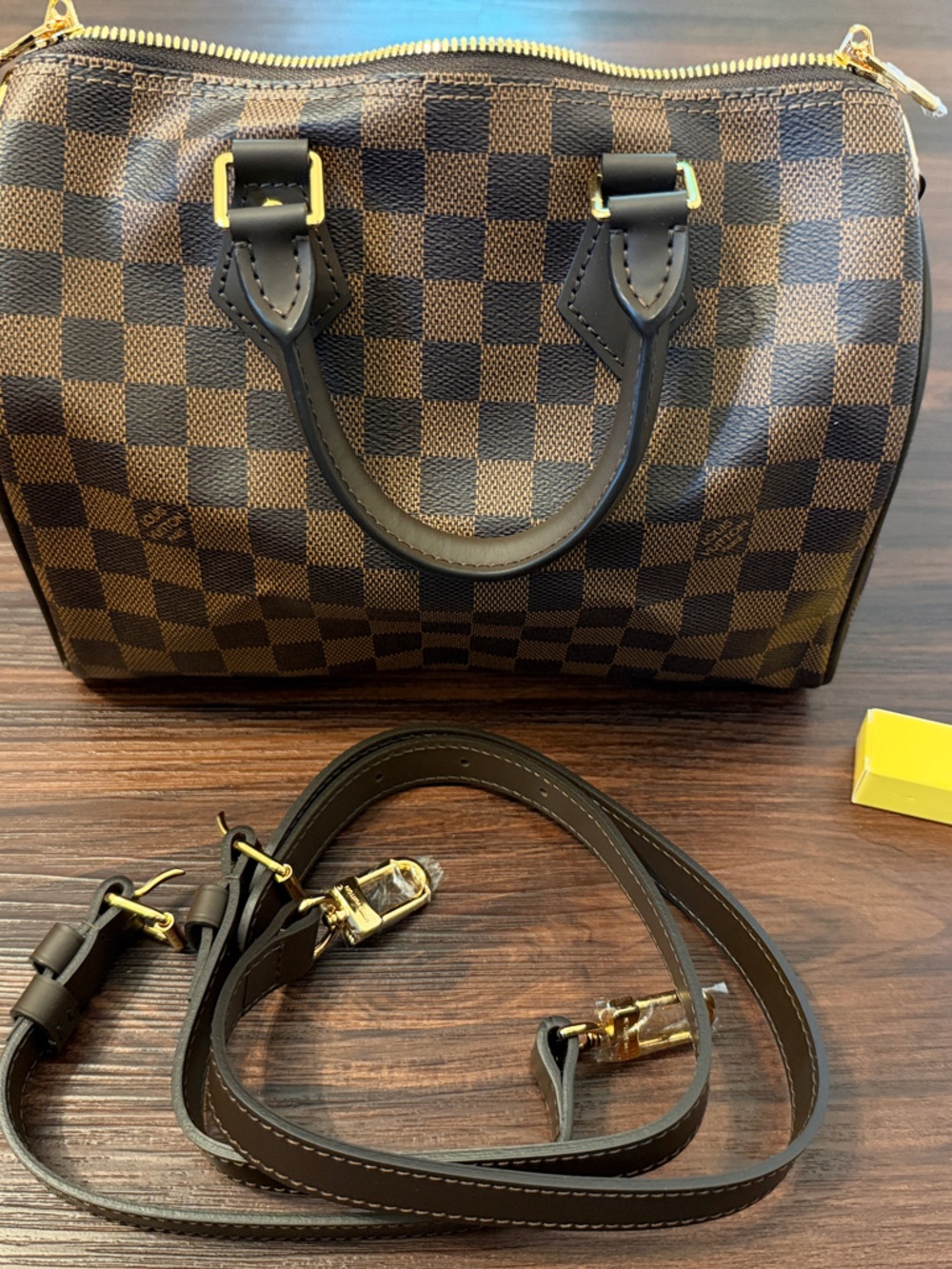 Women's Brown Checker Satchel Bag with Removable Adjustable Strap